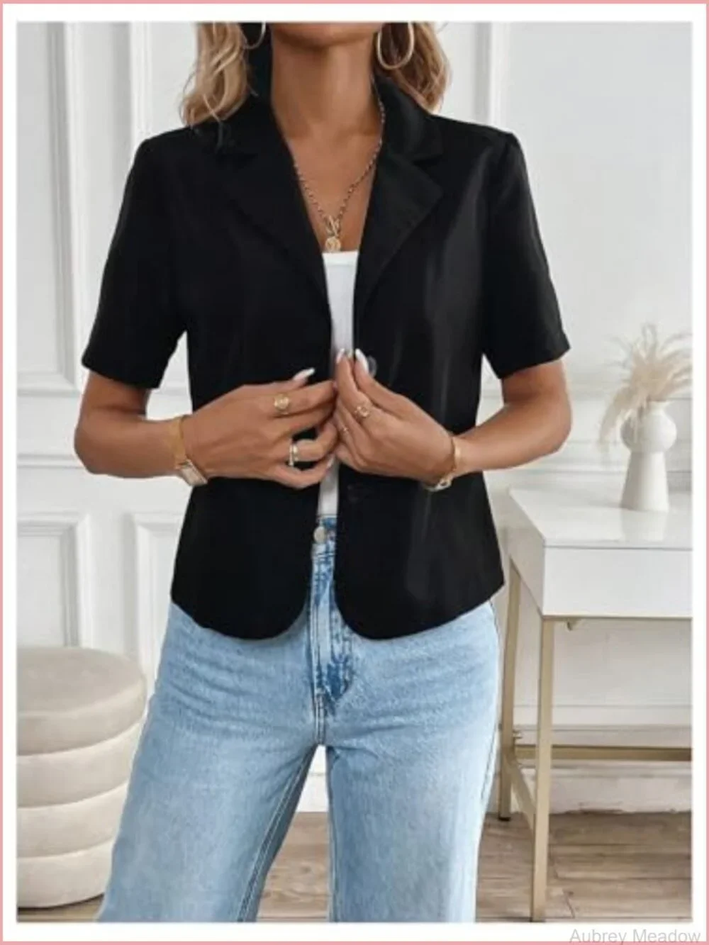 Short Sleeve Cropped Suit Blazer Business Casual Button Down Jacket